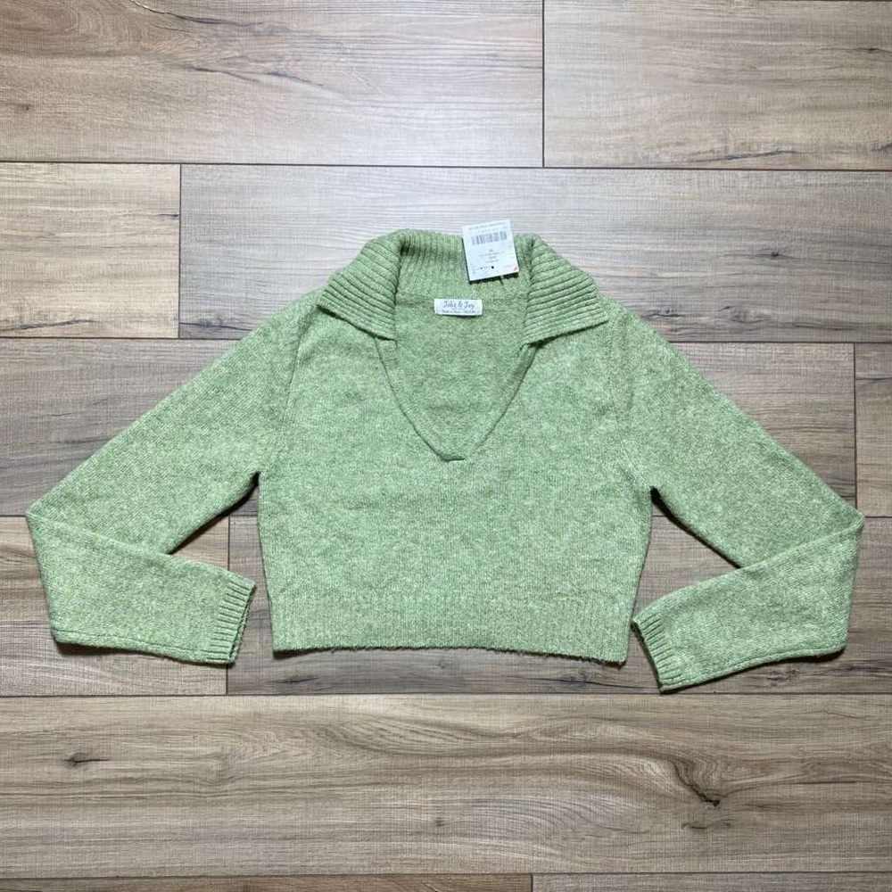 Jolie & Joy Juniors Long Sleeve Collared Cropped Sweater Size Medium Basil Green